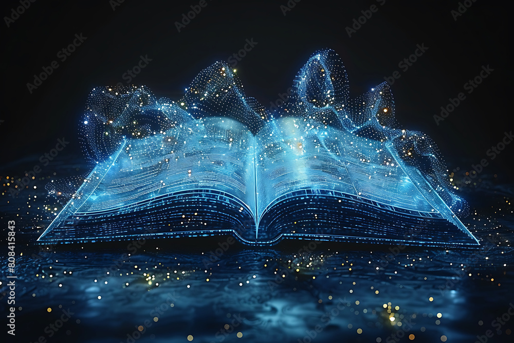 Poster an open book depicted in wireframe style, representing knowledge and learning in the digital age wit