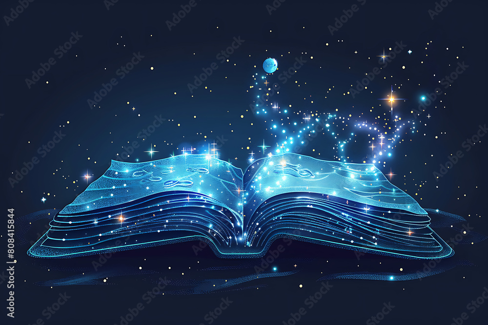 Poster an open book depicted in wireframe style, representing knowledge and learning in the digital age wit