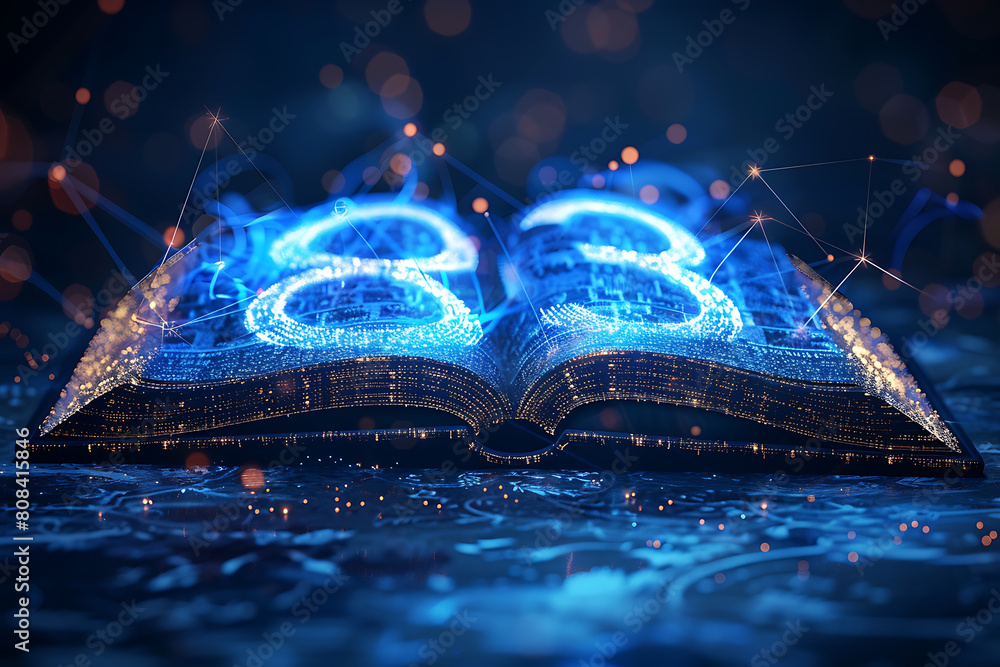 Poster an open book depicted in wireframe style, representing knowledge and learning in the digital age wit