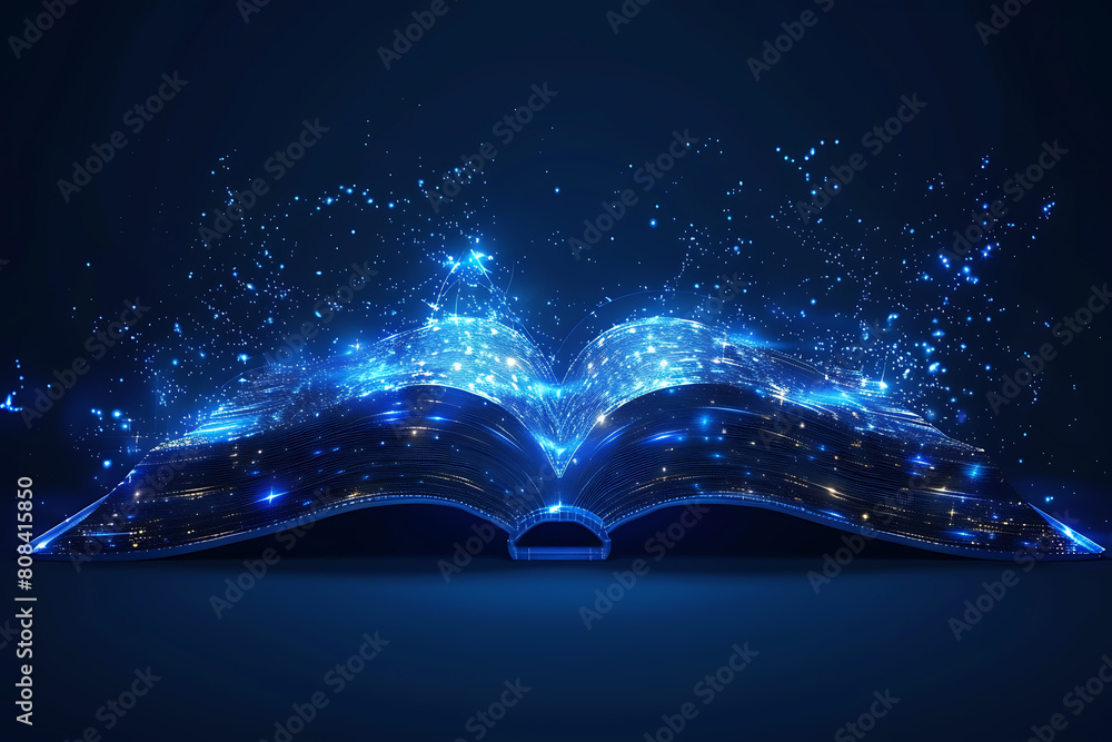 Poster an open book depicted in wireframe style, representing knowledge and learning in the digital age wit