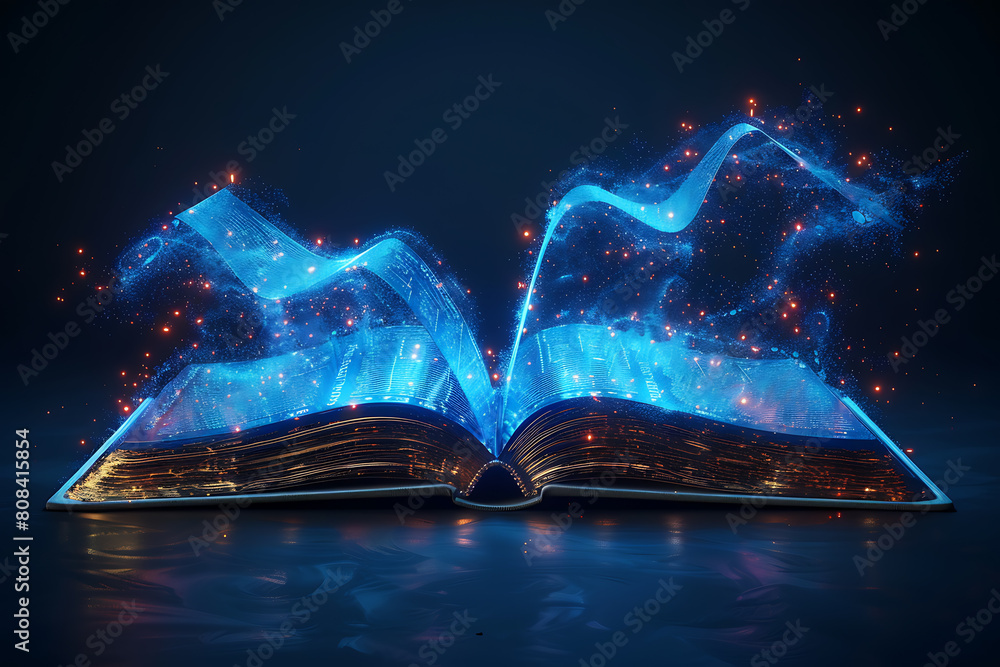 Poster an open book depicted in wireframe style, representing knowledge and learning in the digital age wit