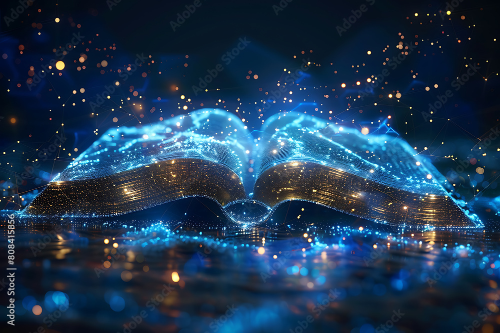 Poster an open book depicted in wireframe style, representing knowledge and learning in the digital age wit