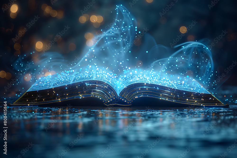 Poster an open book depicted in wireframe style, representing knowledge and learning in the digital age wit
