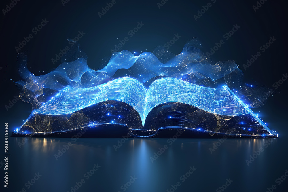 Poster an open book depicted in wireframe style, representing knowledge and learning in the digital age wit