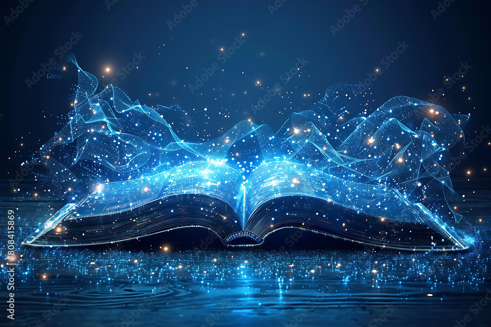 Poster an open book depicted in wireframe style, representing knowledge and learning in the digital age wit