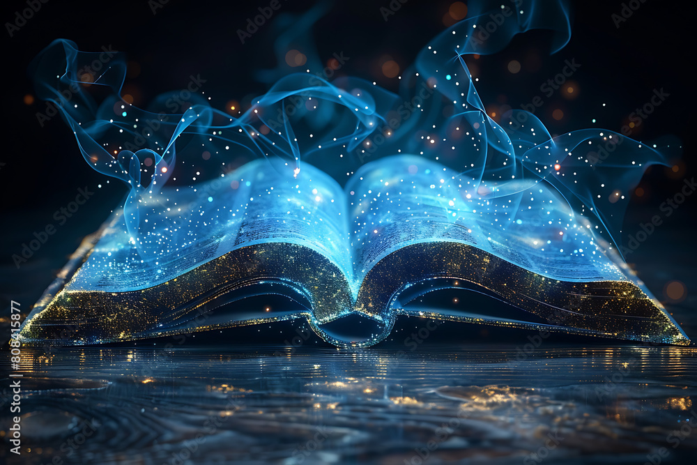 Poster an open book depicted in wireframe style, representing knowledge and learning in the digital age wit