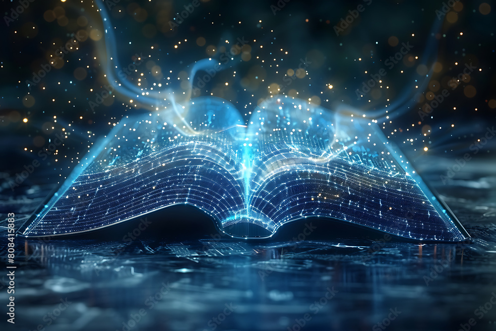 Poster an open book depicted in wireframe style, representing knowledge and learning in the digital age wit