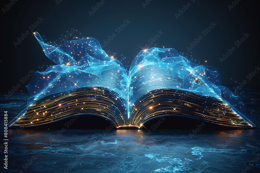 Poster an open book depicted in wireframe style, representing knowledge and learning in the digital age wit