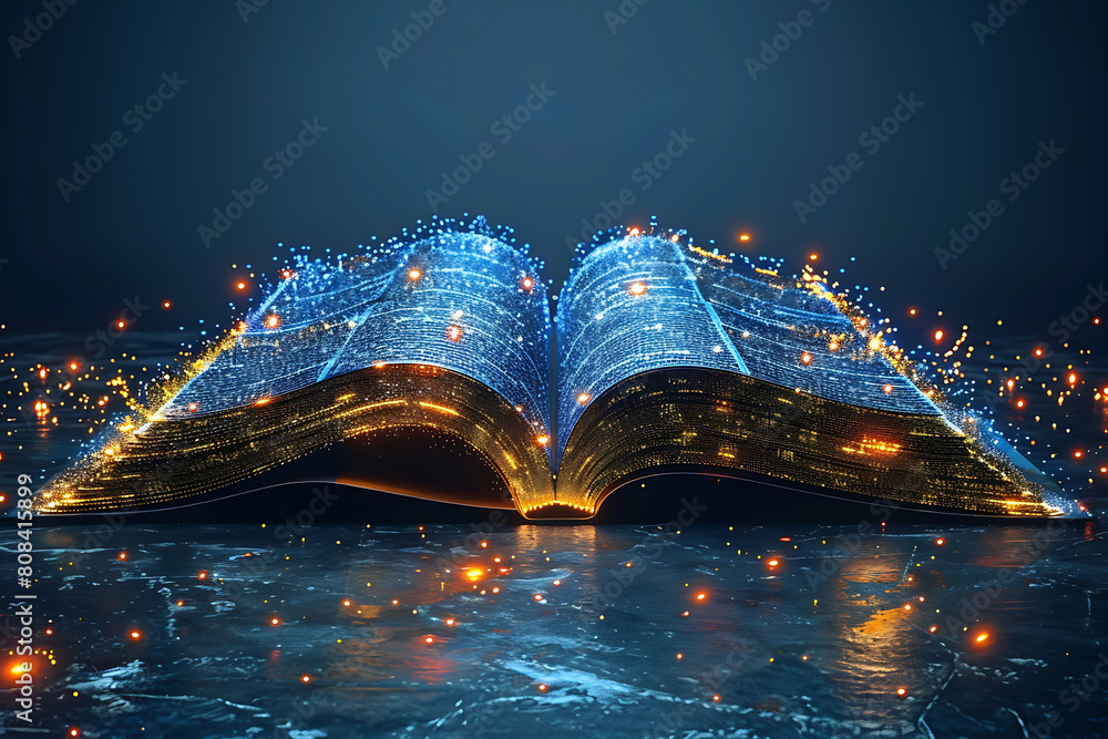Poster an open book depicted in wireframe style, representing knowledge and learning in the digital age wit
