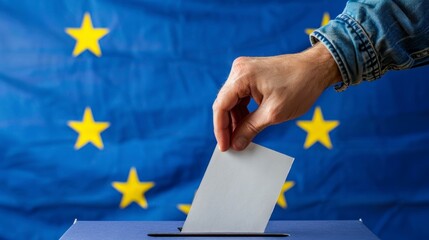 Naklejka premium person voting in a box with the flag of the European Union in high resolution and high quality