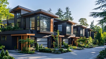 A group of modular black townhouses with staggered structures, rooftop solar panels, and lush landscaping around the shared driveway.