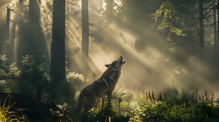 A high-definition 8K image showing a wolf howling in a misty forest, illuminated by shafts of sunlight with incredibly detailed and intricate surroundings.