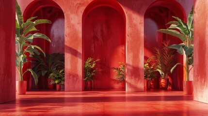 Fototapeta premium Contemporary red room with towering arches and flourishing plants creating a striking contrast, visualized in raw detail