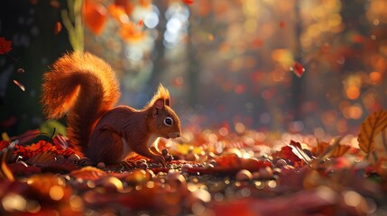 A high-definition 8K image showing a red squirrel gathering acorns beneath vibrant autumn foliage, with realistic lighting and intricate forest details.