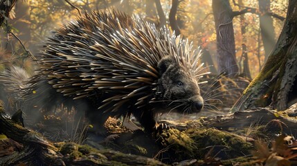 A high-definition 8K image showing a porcupine scuttling through the forest underbrush with intricate, sharp details.