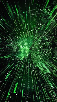 A binary code explosion, with a burst of glowing green code erupting outwards, shattering a black background