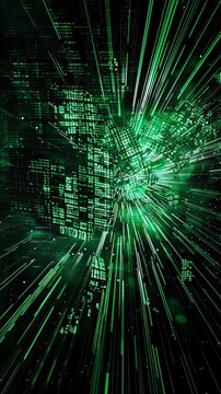 A binary code explosion, with a burst of glowing green code erupting outwards, shattering a black background