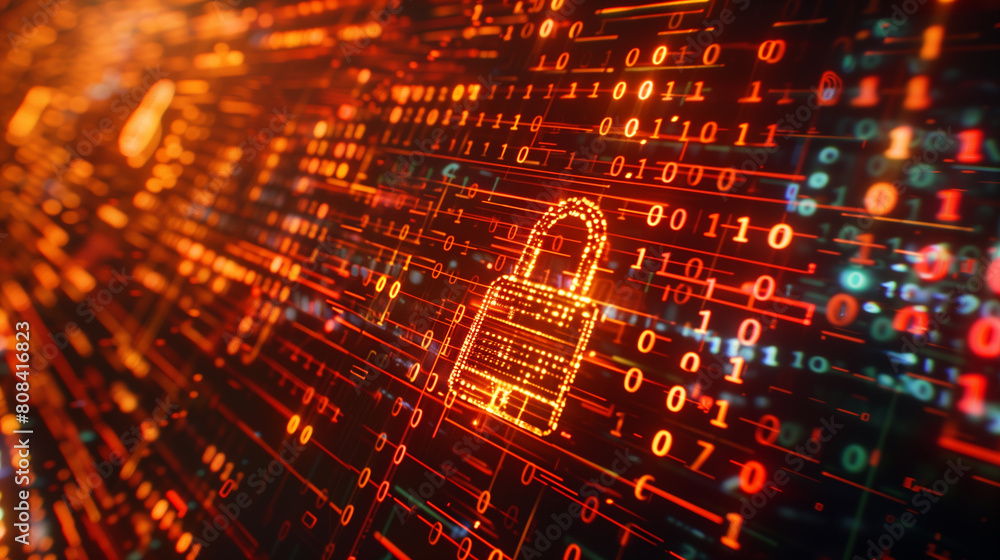 Poster virtual hologram of digital padlock over array of binary codes cyber security concept, futuristic di
