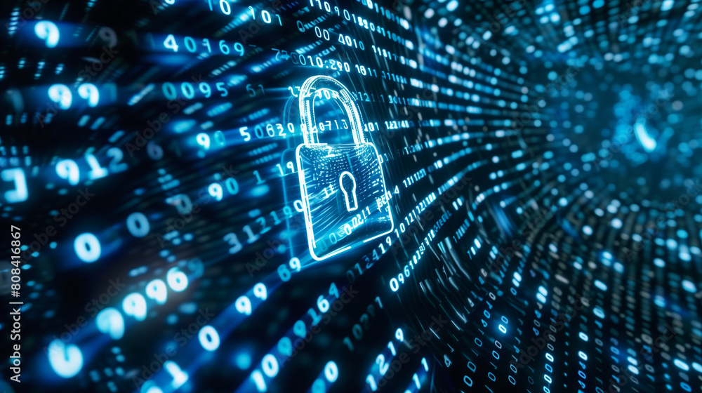 Poster virtual hologram of digital padlock over array of binary codes cyber security concept, futuristic di