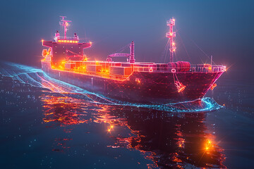 Obraz premium A majestic cargo ship adorned with vibrant containers, navigating the vast ocean, symbolizing global trade and maritime industry