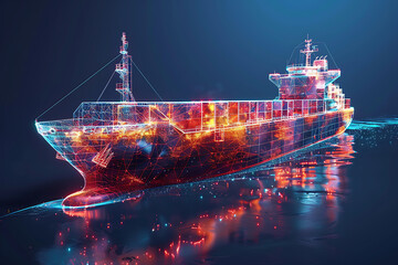 A majestic cargo ship adorned with vibrant containers, navigating the vast ocean, symbolizing global trade and maritime industry