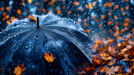 Rainy Day Essentials: Colorful Umbrella Against a Backdrop of Falling Raindrops, Seasonal Weather Scene - Powered by Adobe