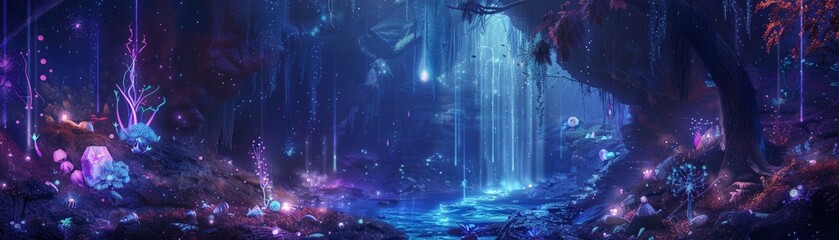 A bioluminescent waterfall cascading into a hidden grotto filled with sparkling crystals and glowing flora Render in a 3D illustration with a sense of discovery and wonder