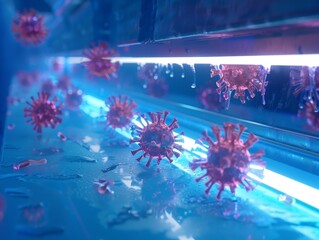A cluster of mutated viruses on a sterile blue lab bench, bathed in a sterile white light Depict the scene in a sterile 3D style, emphasizing the potential threat