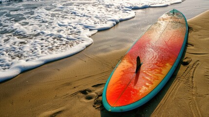 A surfboard rests on the beach as the sun sets, casting a golden glow over the water. The wind waves gently lap at the shore, creating a peaceful and serene natural landscape AIG50