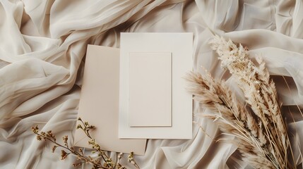 a high-definition, realistic image featuring a boho-style wedding card, blank invitation, and a birthday greeting card in a flat-lay setup with a natural-toned fabric background