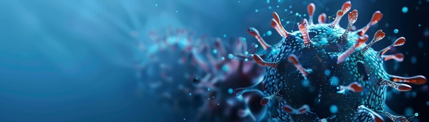 A crosssection of a virus on a blue background, revealing its internal compartments in sharp detail Render in a highresolution 3D style with a focus on scientific accuracy