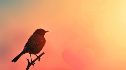 A bird is perched on a branch in front of a heart - Powered by Adobe