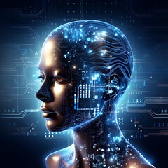 Obraz premium Digital human face with glowing eyes and circuit board background. Generative AI.