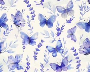 A delicate watercolor pattern with scattered butterflies and blooming lavender, perfect for Mothers Day backgrounds