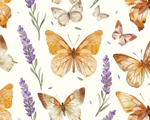 A delicate watercolor pattern with scattered butterflies and blooming lavender, perfect for Mothers Day backgrounds