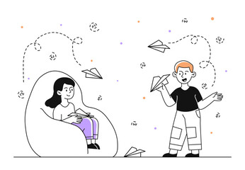 Kids making paper airplanes vector simple