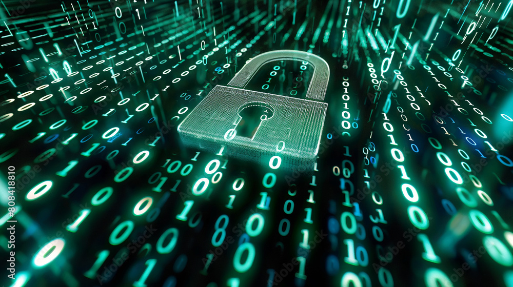 Poster virtual hologram of digital padlock over array of binary codes cyber security concept, futuristic di