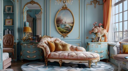 A lavish chaise lounge near a full-length mirror in a pastel-themed room with delicate golden...