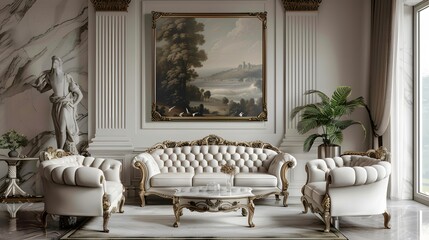 A lavish, upholstered sofa set placed near a marble fireplace in a luxury room with a pastel-toned...