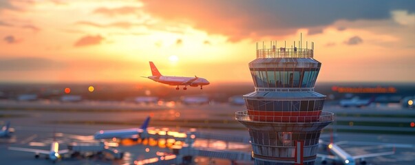 Airport control tower in focus, departing plane on a blurred background with ample copy space for text - obrazy, fototapety, plakaty
