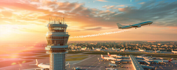 Airport control tower framed by departing airplane in soft focus, text-friendly space - obrazy, fototapety, plakaty