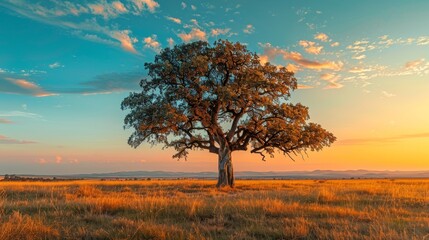 Fototapeta premium Close-up on a grand tree in an open field, the sky painted with hues of blue and orange, capturing a moment of tranquility