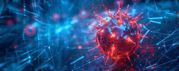 A lone, menacing virus with glowing red spikes trapped in a blue stasis field Emphasize the scientific theme with subtle grid lines and informational text
