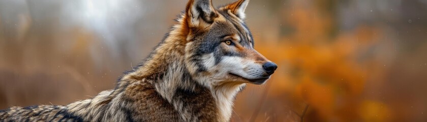 A glorious wolf stands tall, its fur streaming in the breeze