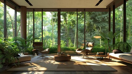 Fototapeta premium Contemporary living room with large windows and lush greenery outside