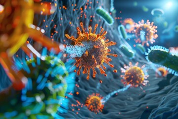 A microscopic view of a virus under attack by antibodies Render in a dynamic 3D style, showcasing the battle between the virus and the immune system