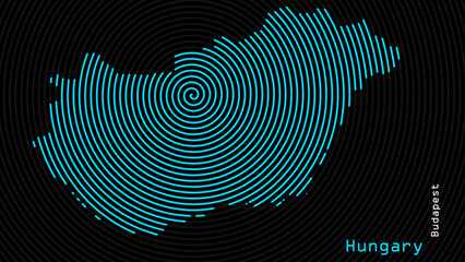 A map of Hungary, with a dark background and the country's outline in the shape of a colored spiral, centered around the capital. A simple sketch of the country.