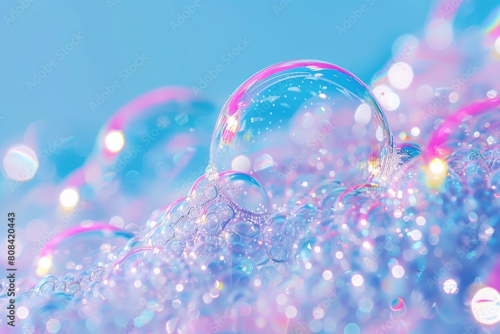 Aufkleber a bubble is floating on top of a blue surface. the bubble is surrounded by a lot of water droplets, 