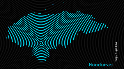 A map of Honduras, with a dark background and the country's outline in the shape of a colored spiral, centered around the capital. A simple sketch of the country.