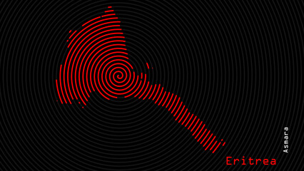 A map of Eritrea, with a dark background and the country's outline in the shape of a colored spiral, centered around the capital. A simple sketch of the country.